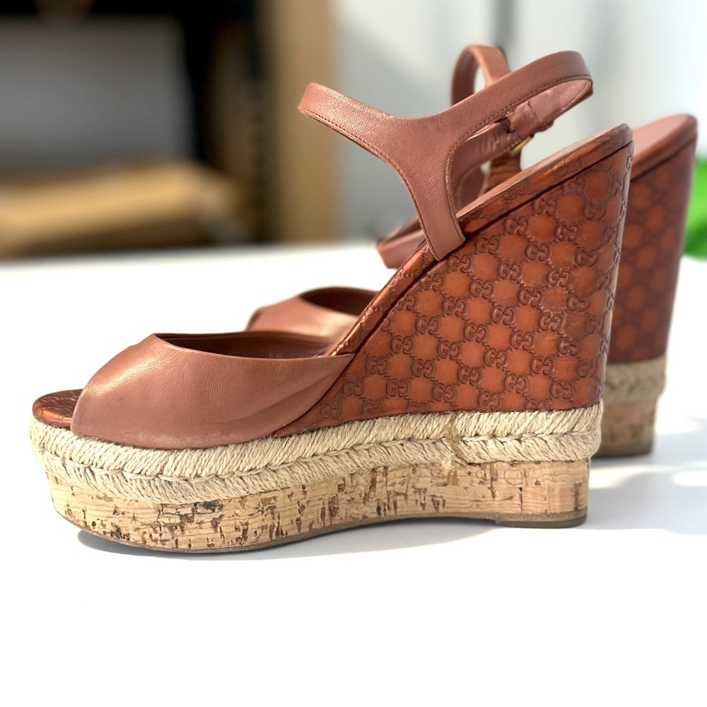 Gucci Brown Platform Wedge Sandals with Ankle Strap